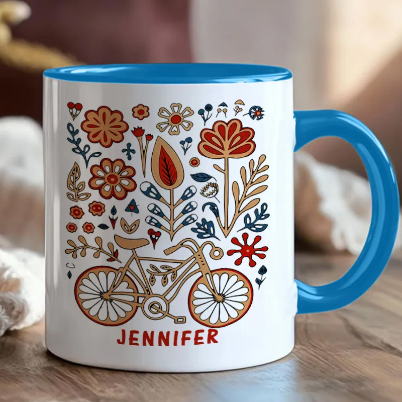 Personalized Flower Bicycle Mug Mountain Bike Gifts Colourful Mug for Biker Friend Birthday for Him or Her for Biker Cycling Riding Lovers