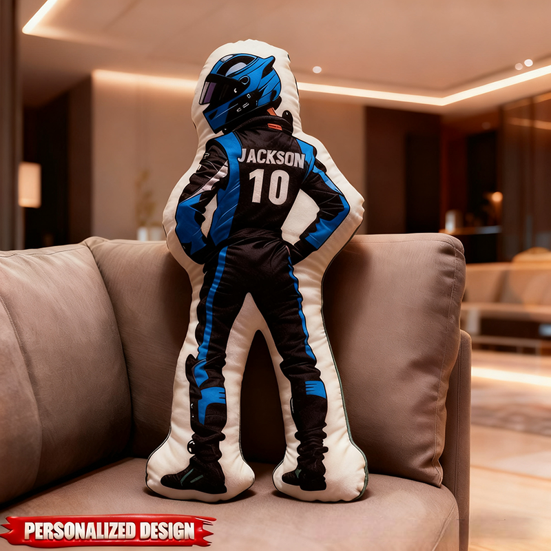 Personalized Racing Driver Shaped Pillow Custom Name and Number Race Suit Cushion Gift for Racing and Motorsport Lovers