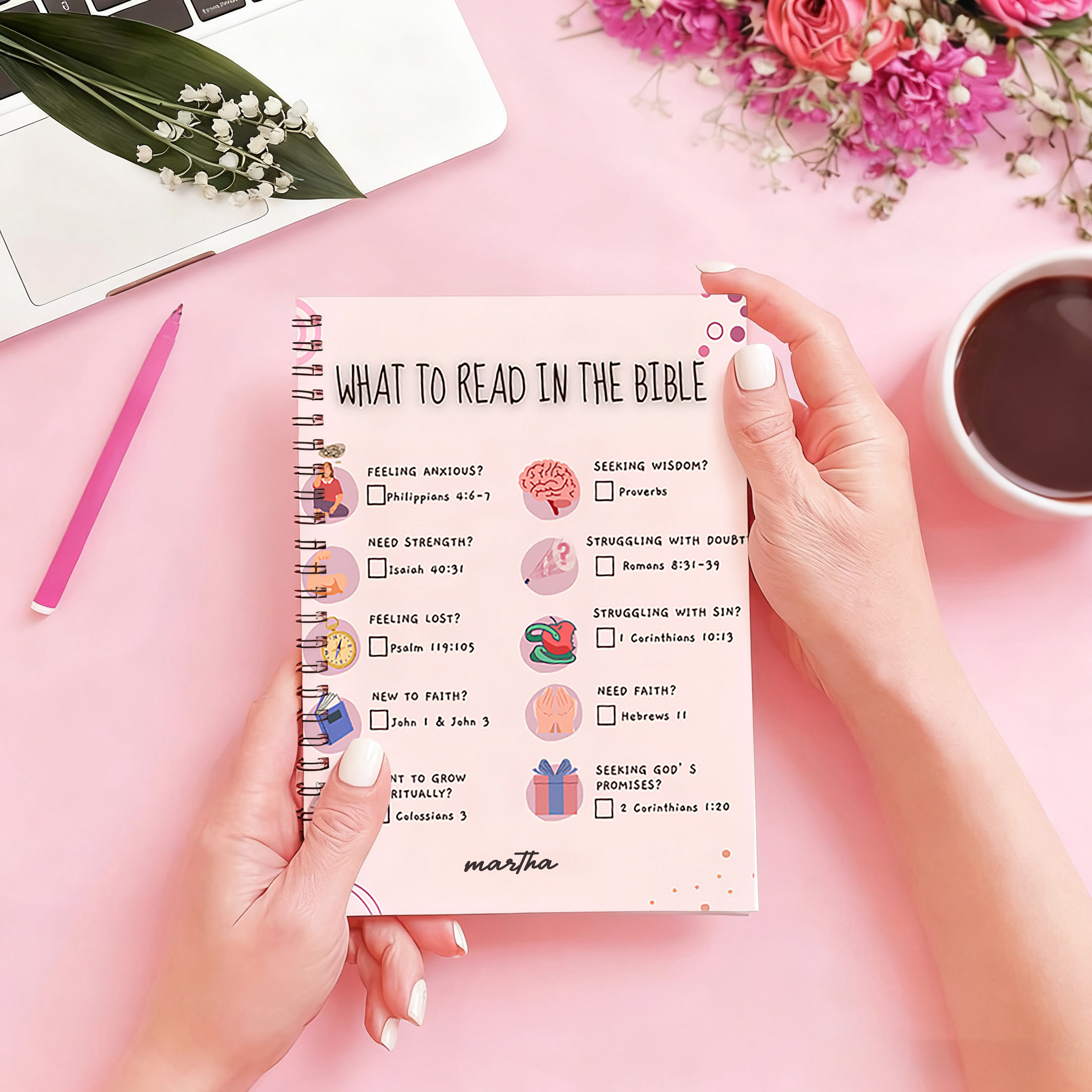 Personalized What to Read in the Bible A5 Spiral Notebook with Name Religious Baptism Gift Mother's Day Gift Birthday Gift for Christian Women