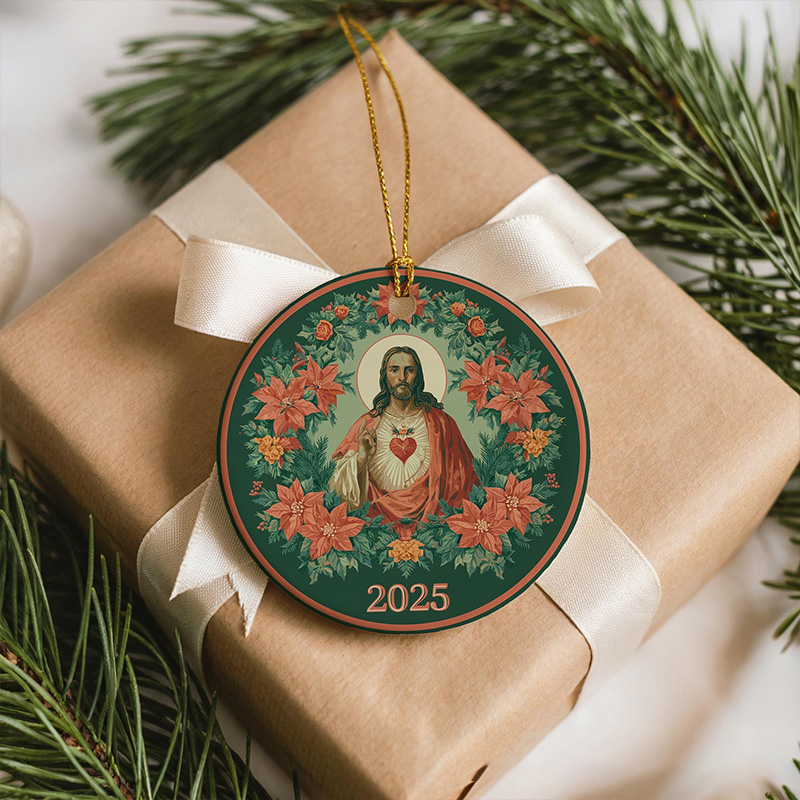 Personalized Sacred Heart of Jesus Ceramic Ornament with Year Religious Gift Christmas Home Decor Catholic Gift