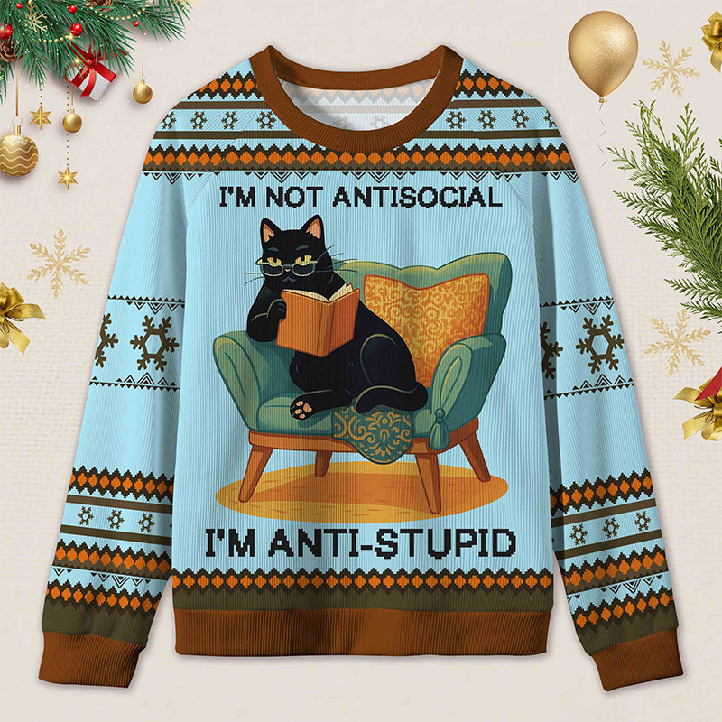 Personalized Wise Bookish Cat Reading Ugly Sweater Holiday Gift for Book Lovers