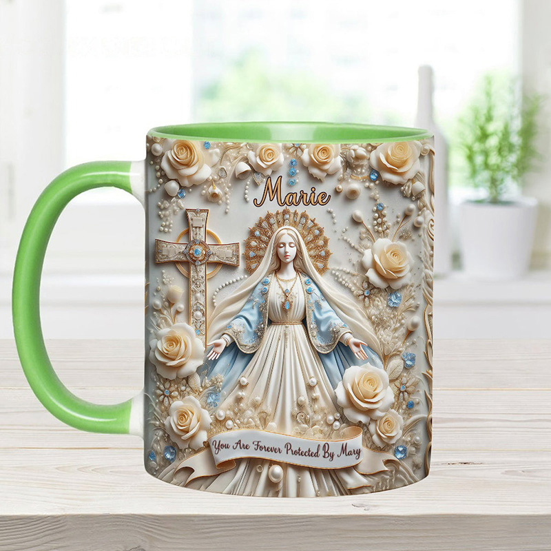Personalized you are Forever Protected by Mary Ceramic Mug with Name Religious Inspirational Gift Catholic Gift for Women