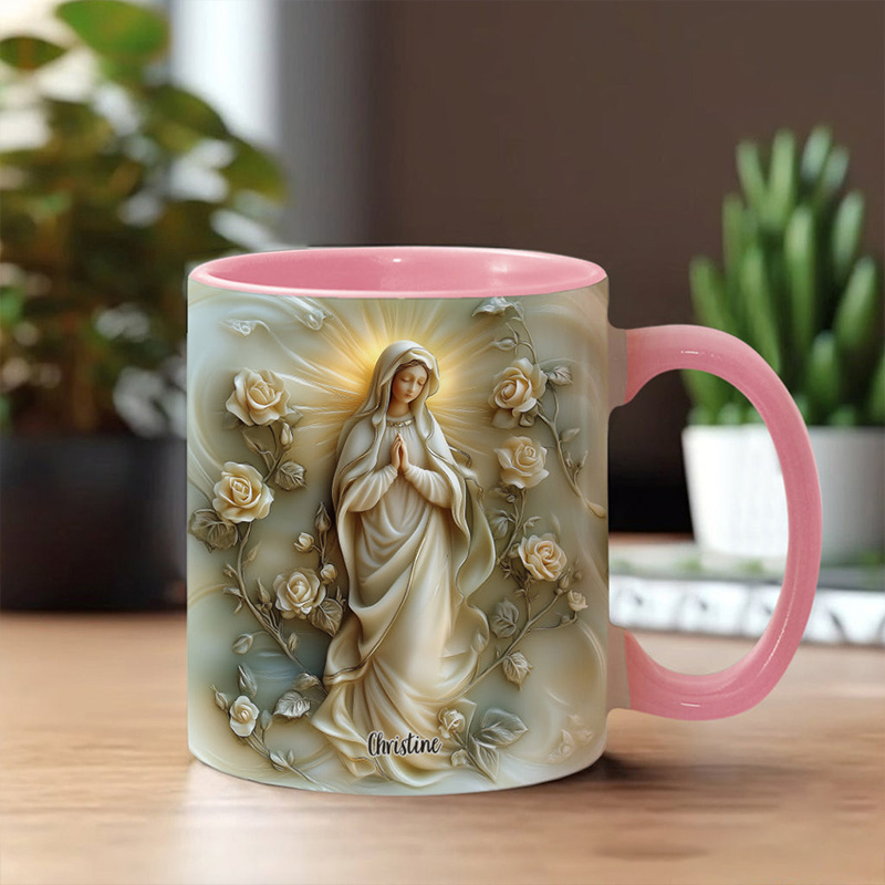 Personalized Virgin Mary Floral Ceramic Mug with Name Religious Inspirational Gift Catholic Gift for Women