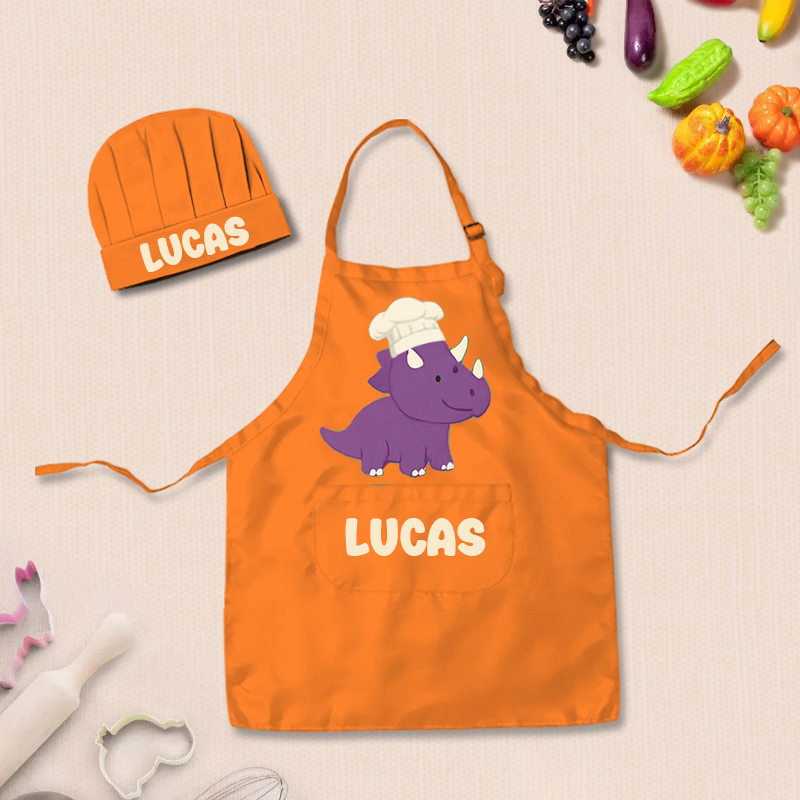 Personalized Cartoon Dinosaur Adjustable Kid Apron Chef Hat Set with Pocket and Name for Cooking Baking Birthday Holiday Gift for Kids