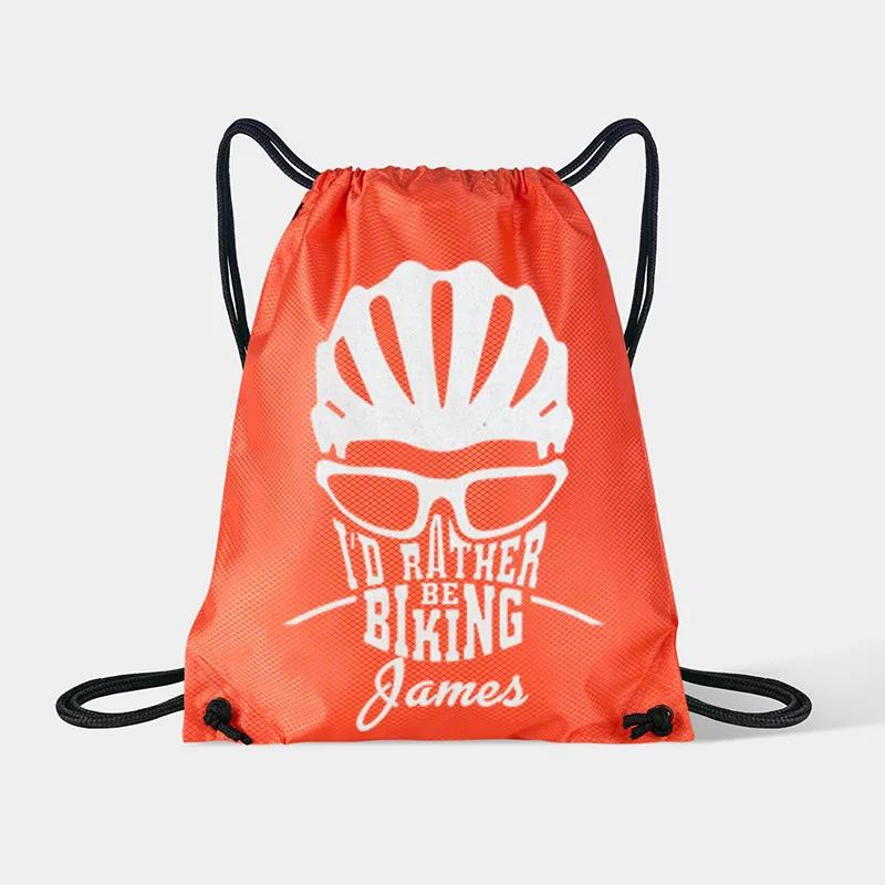 Personalized Drawstring Bag about Id Rather Be Biking Sports Backpack Bags Biker Typography Graphic Eco Friendly Tote Bag Bike Enthusiast Gift