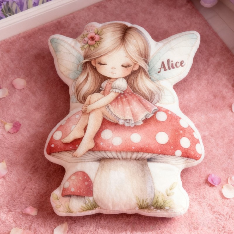 Personalized Fairy Girl Custom Name Soft Decorative Gift Magical Fantasy Style Cozy Nursery Sweet Mushroom Dream Lovely Wings Enchanted Forest Graphic 3D Print Pillow
