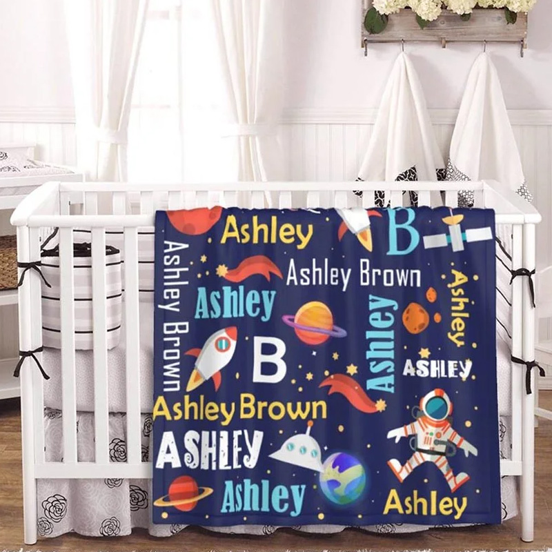 Personalized Space Theme Astronaut Rocket Fleece Soft Blanket with Name Birthday Gift for Kid Geek Lovers