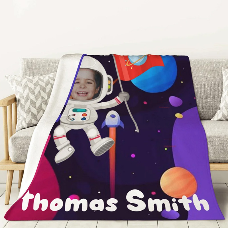 Personalized Planet Galaxy Fleece Blanket with Astronaut Avatar Universe Theme Home Decoration Birthday Gift for Kids Space Fans for Geek Lovers