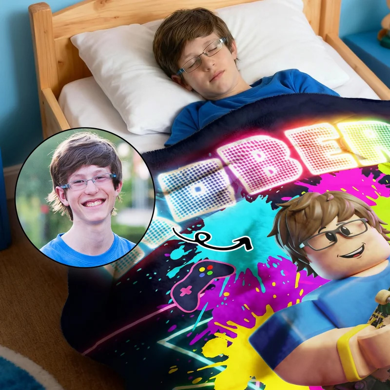 Personalized Neon Game Theme 3D Cube Style Photo Splatter Paint Soft Throw Blanket with Name Gaming Room Decor Birthday Gift for Gamer Kid