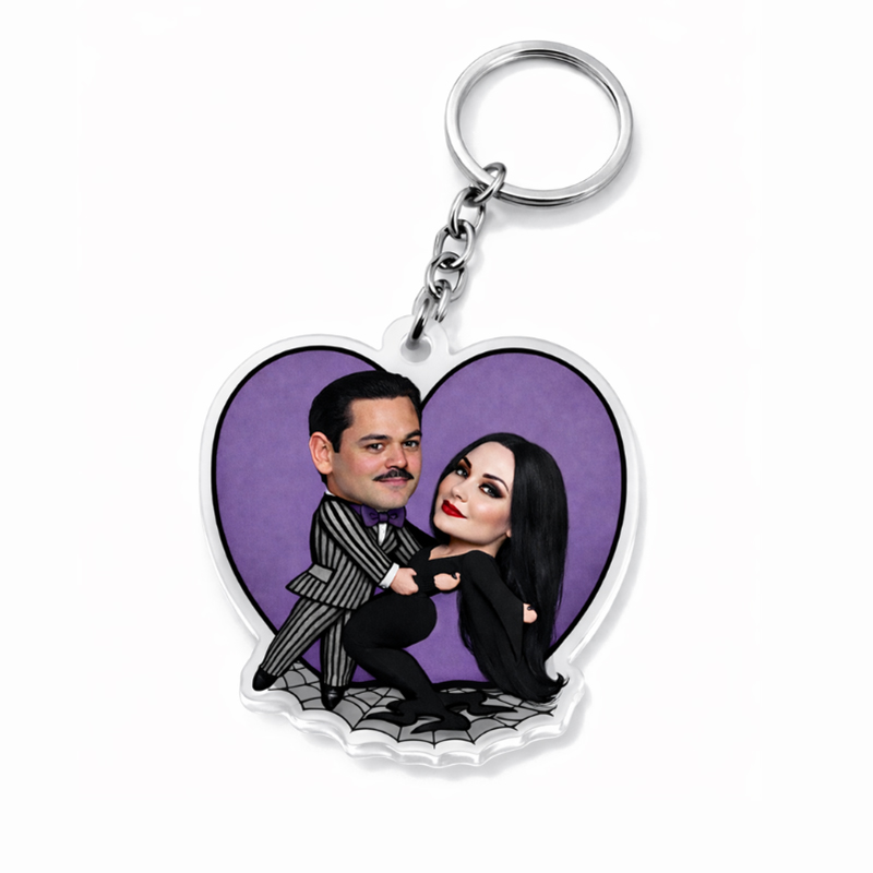 Personalized Gothic Cartoon Hearts Background Keychain Custom Photo Playfully Dark Holiday Gift