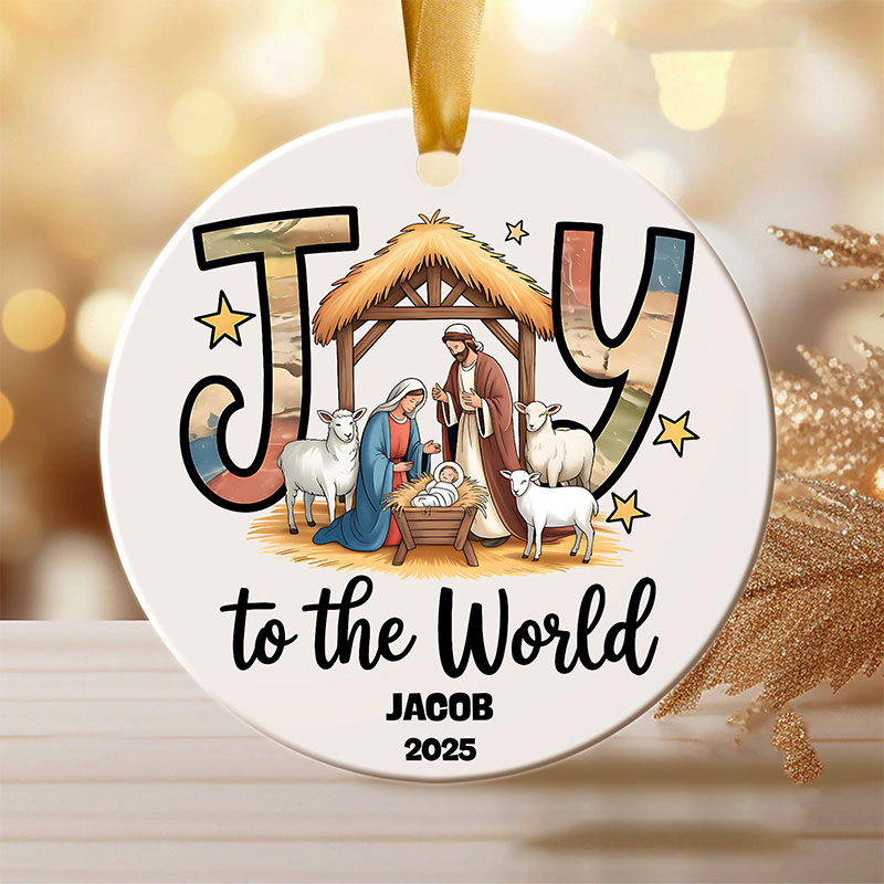 Personalized Joy to the World Nativity Scene Ceramic Ornament with Name Religious Gift Christmas Home Decor Gift Festival Gift