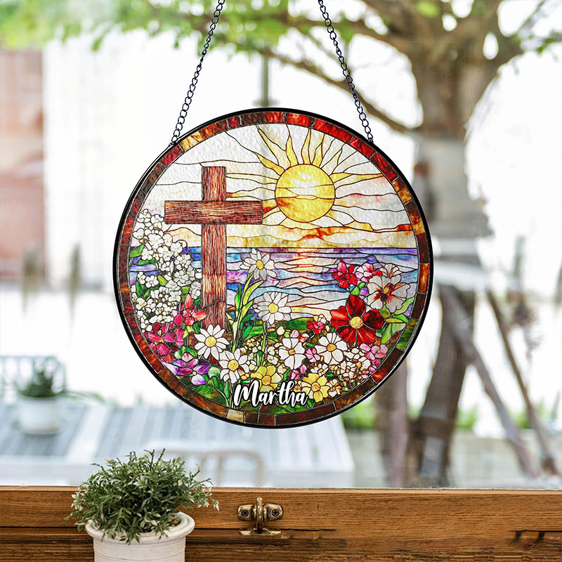 Personalized Cross Wildflowers Stained Glass Suncatcher Ornament with Name Window Balcony Hanging Decor Home Decor Religious Faith Gift