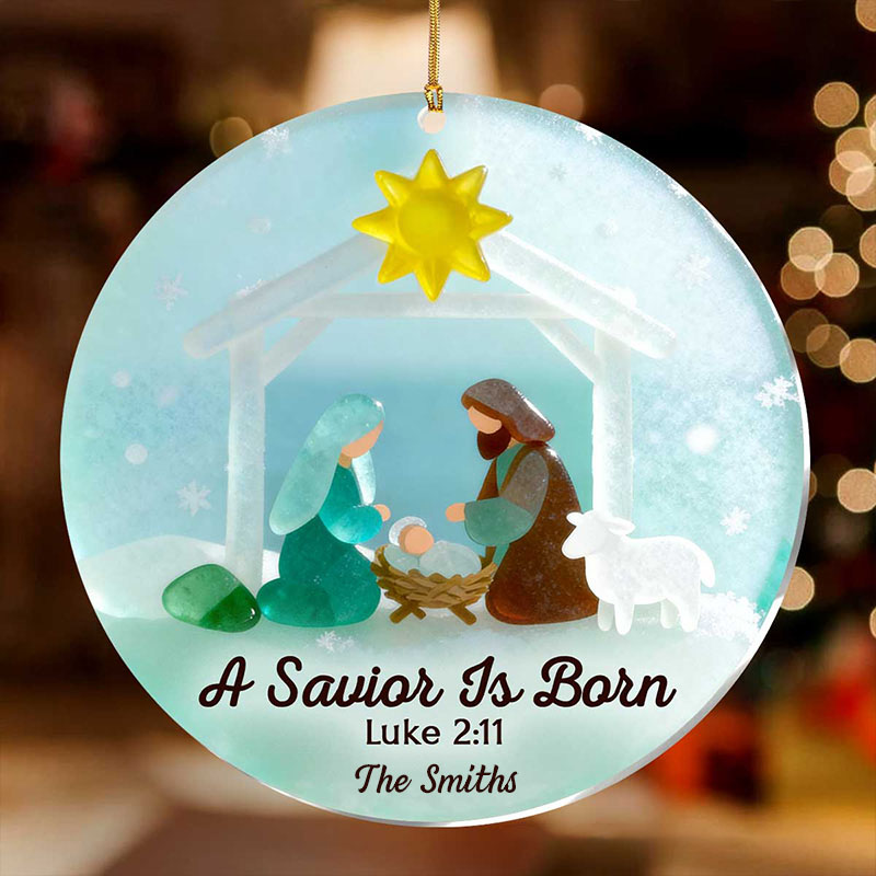 Personalized a Savior is Born Nativity Scene Acrylic Ornament with Family Name Religious Gift Christmas Tree Decor Christmas Gift for Family