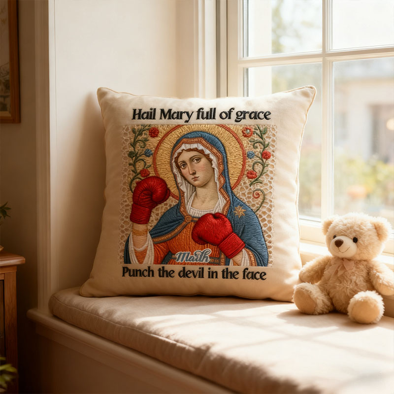 Personalized Hail Mary Full of Grace Punch the Devil in the Face Catholic Meme Pillow with Custom Name Humorou Religious Gift Graphic 3D Print Pillow
