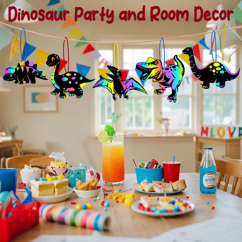 Personalized 48/24pcs Rainbow Dinosaur Scratch Art Set  Dinosaur Party and Room Decor Classroom Craft Birthday Party Supplies Gift for boy and girl Gift for kids Party Favors Event Organizers 