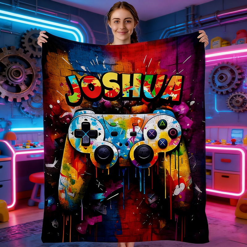 Personalized Gaming Theme 3D Cube Style Splatter Paint Soft Throw Blanket with Name Gaming Room Decor Birthday Gift for Gamer Kid