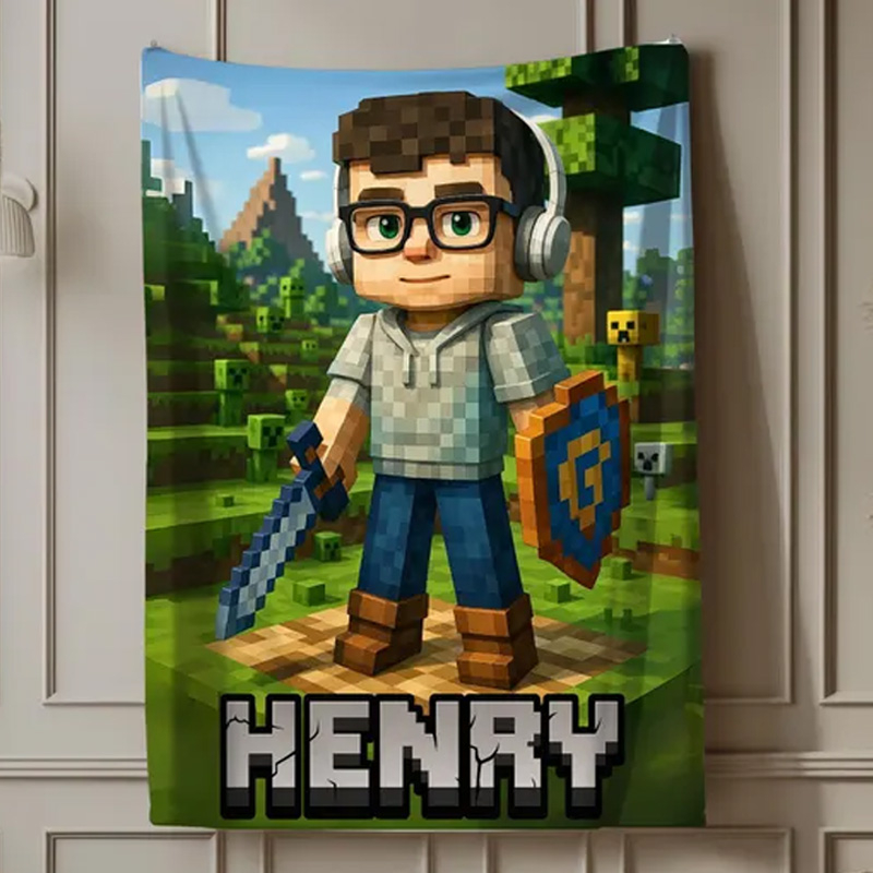 Personalized Pixel Style with Face Name Theme 3D Cube Style Splatter Paint Soft Throw Blanket with Name Gaming Room Decor Birthday Gift for Gamer Kid