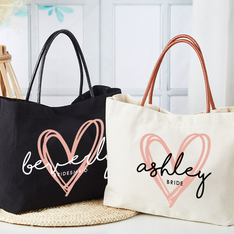 Personalized Bridesmaid Pink Heart Tote Bag with Name Bride Tote Bridal Party Gift