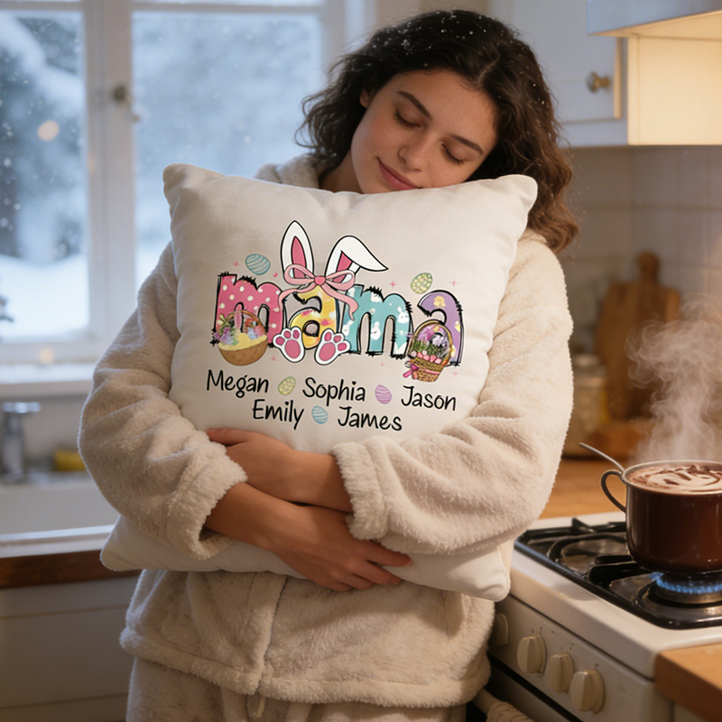 Personalized Mama Easter Pillow with Kids Names Custom Double Side Bunny Pillow Easter Gift for Mom Kids