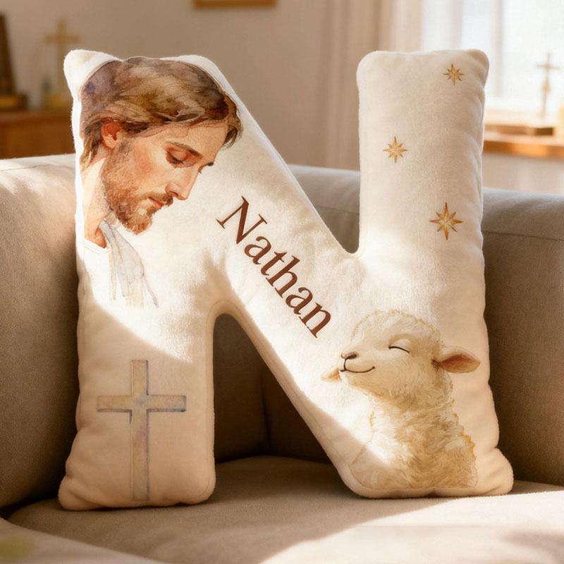 Personalized Jesus Lamb Letter Pillow with Custom Name Religious Home Decor Graphic 3D Print Pillow Christian Gift Faith Gift 