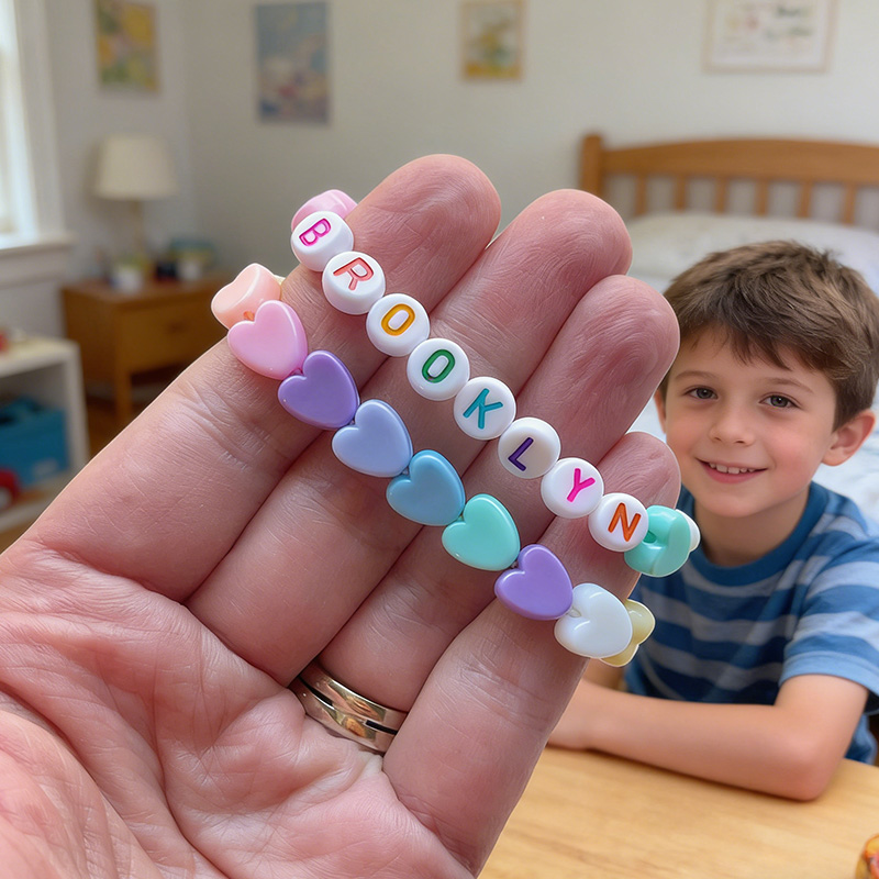 Personalized Rainbow Hearts Girls Letter Bead Bracelet Custom Name Gift for Kids Jewelry for Toddlers Bracelet Stretchy Bead Heart Bracelets