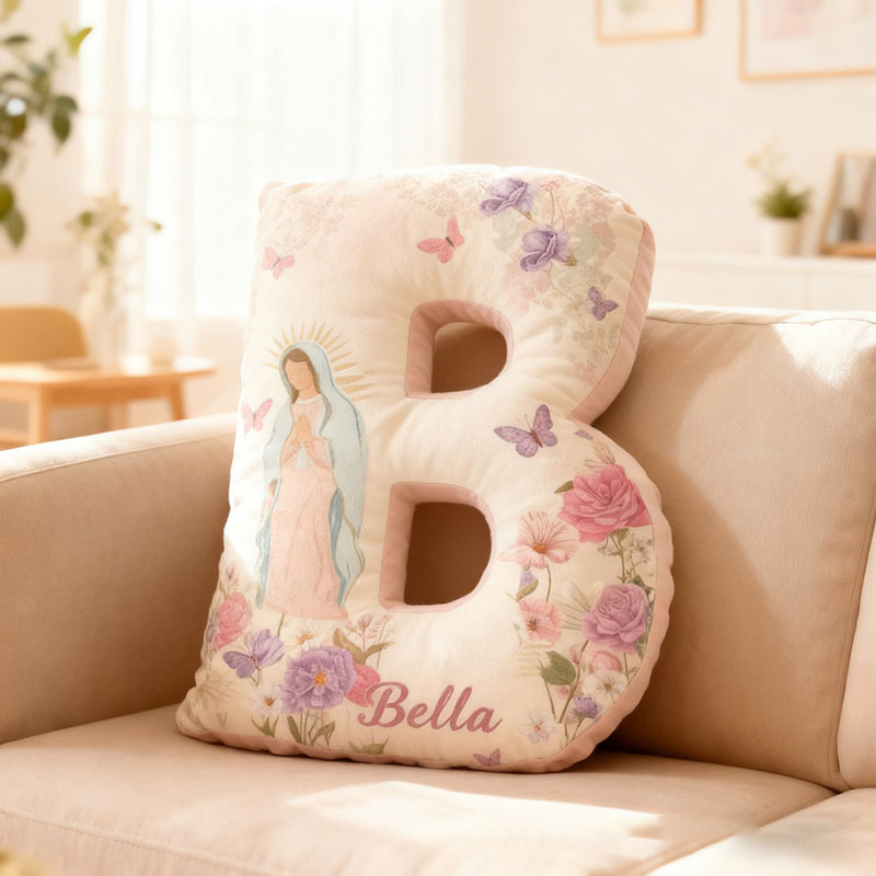 Personalized Virgin Mary Letter Pillow with Custom Name Catholic Home Decor Religious Gift for Her Floral Butterfly Graphic 3D Print Pillow