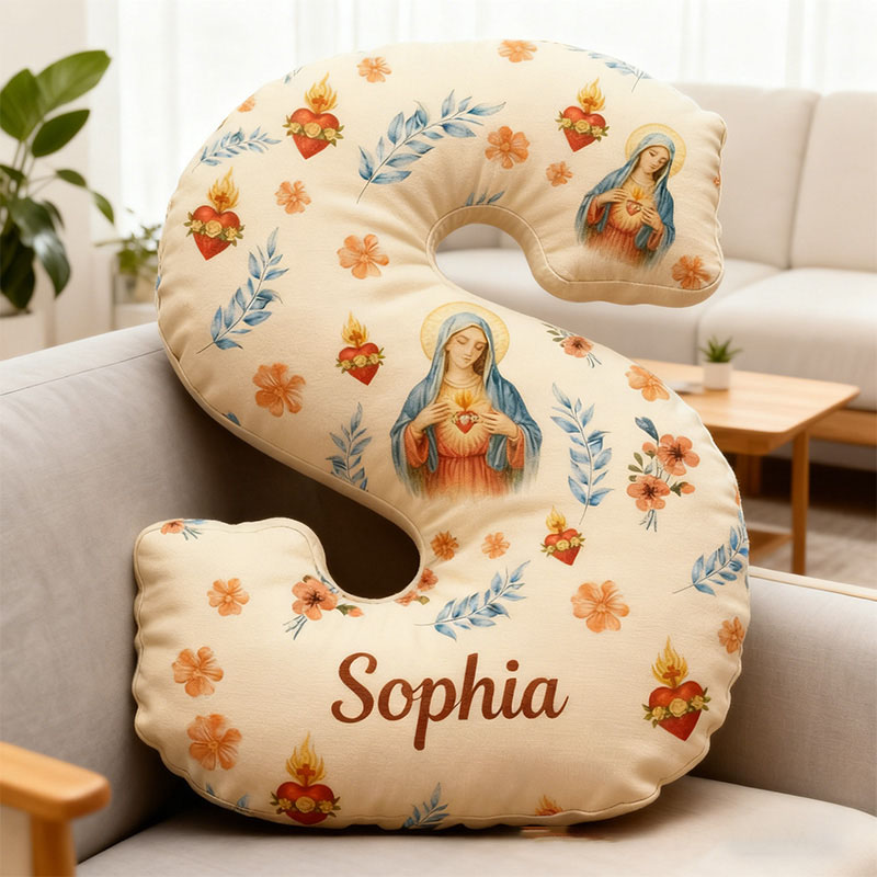 Personalized Immaculate Heart of Virgin Mary Letter Pillow with Custom Name Catholic Home Decor Religious Gift for Her Graphic 3D Print Pillow