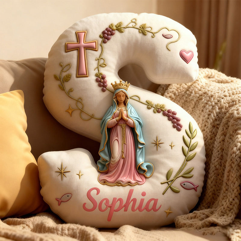 Personalized Cross Virgin Mary Letter Pillow Graphic 3D Print Pillow with Custom Name Home Decor Religious Faith Gift Catholic Gift