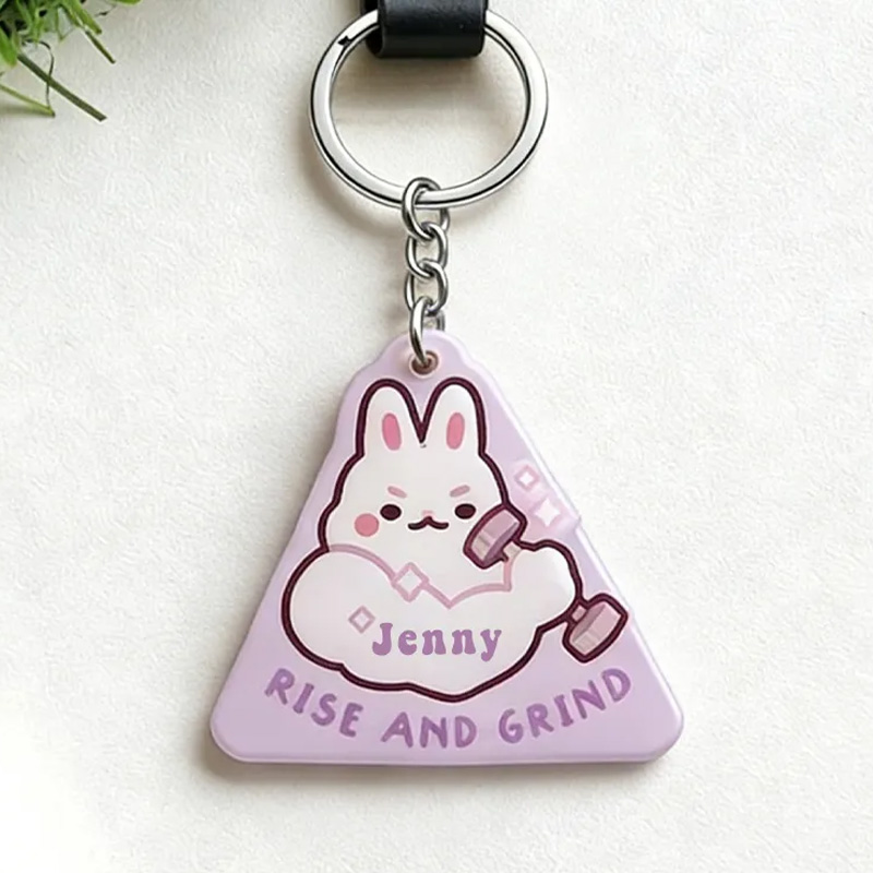 Personalized Rise and Grind Keychain Cute Bunny Keychain Acrylic Epoxy Workout Motivational for Gym Lovers
