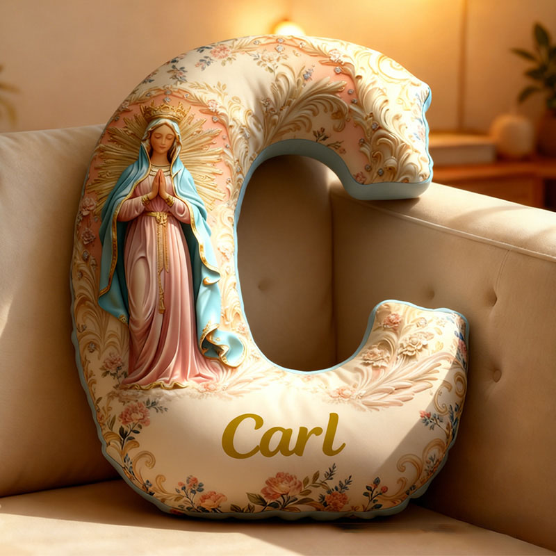 Personalized Golden Grace Virgin Mary Letter Pillow Graphic 3D Print Pillow with Name Home Decor Religious Gift Catholic Gift for Women