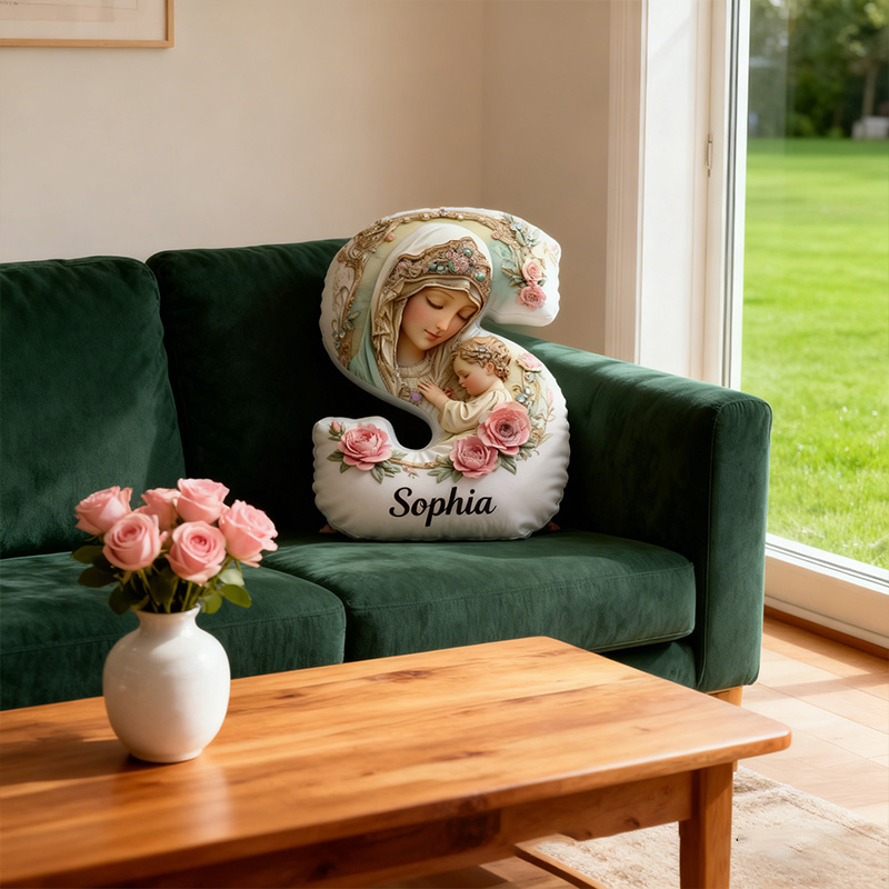 Personalized Virgin Mary Baby Jesus Letter Pillow Graphic 3D Print Pillow with Name Home Decor Religious Gift Catholic Faith Gift for Her