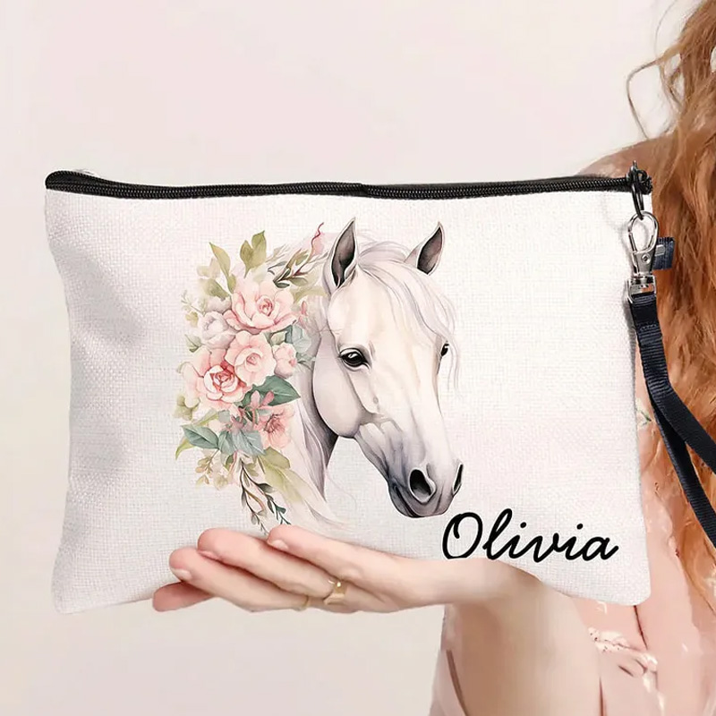 Personalized Watercolor Floral Horse Linen Wristlet Makeup Bag with Name Birthday Gift for Women Riding Lovers