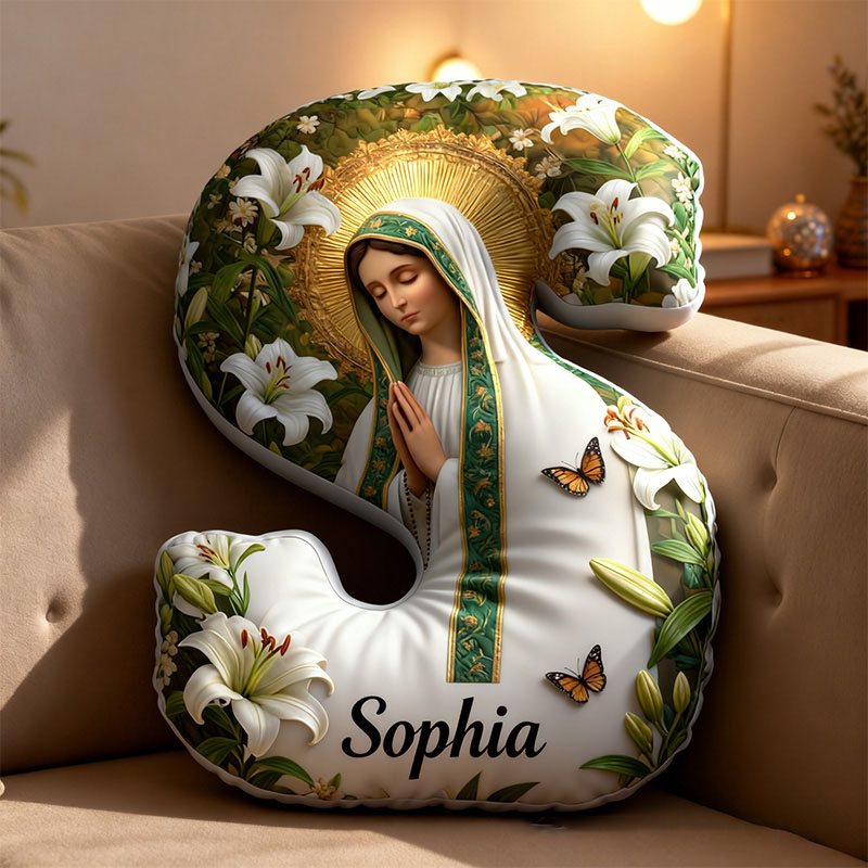 Personalized Virgin Mary White Lilies Letter Pillow with Custom Name Religious Home Decor Catholic Gift for Her Graphic 3D Print Pillow