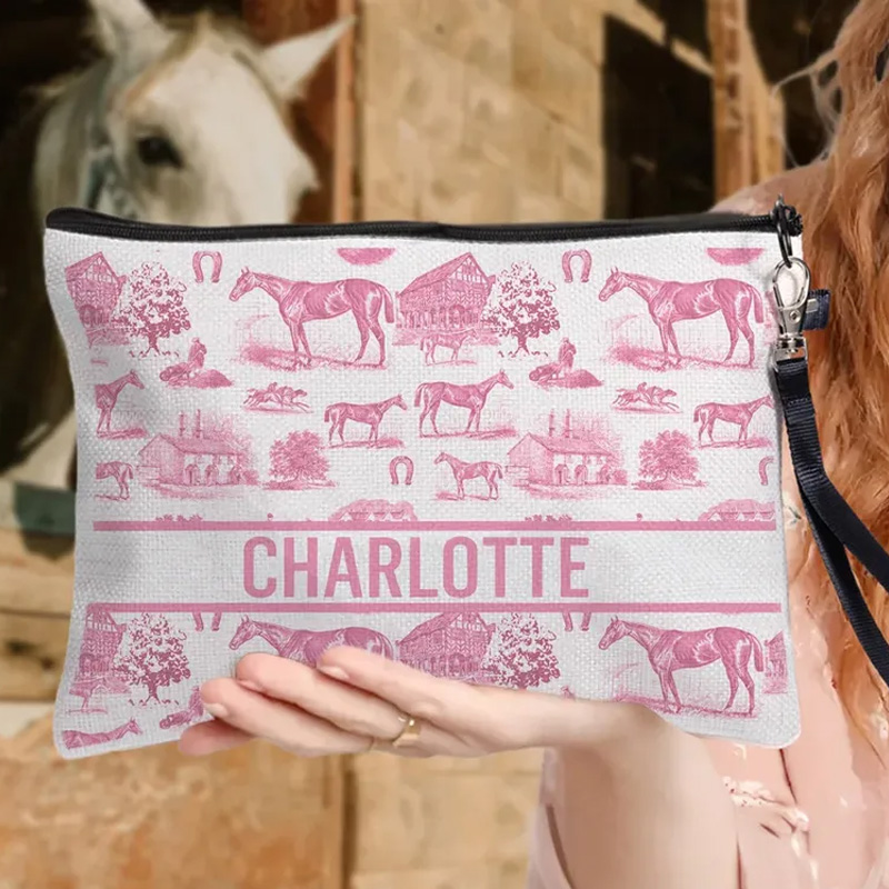 Personalized Equestrian Pattern Linen Makeup Bag with Name Birthday Gift for Women Riding Lovers
