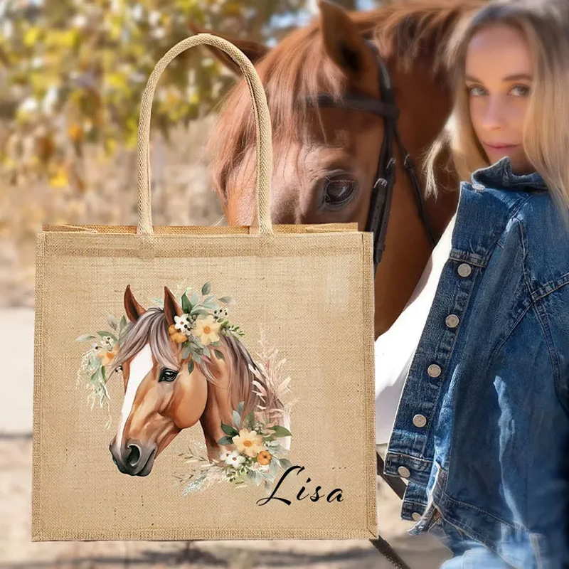 Personalized Floral Horse Reuseable Jute Tote Bag with Name Birthday Christmas Gift for Riding Lovers Equestrian Lovers