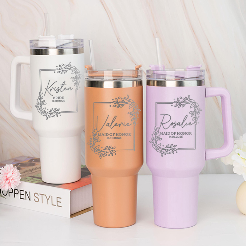 Personalized Bridesmaid Rectangle Wreath 40oz Tumbler Maid of Honor Tumbler with Lid and Straw Bride Bachelorette Party Gift Bridal Shower Tumbler
