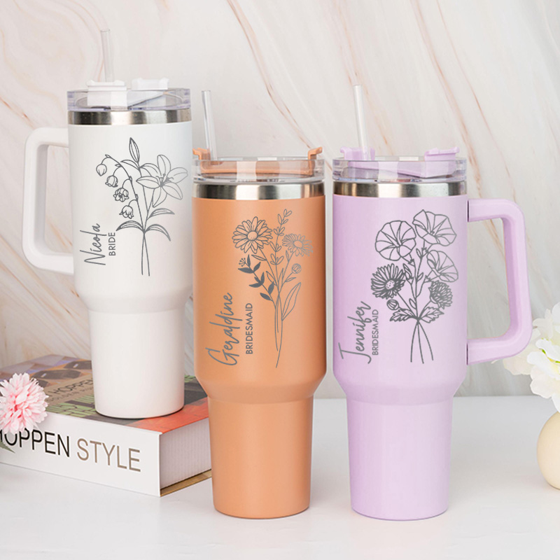 Personalized Stunning Bridesmaid Birth Flower 40oz Tumbler Maid of Honor Month Flower Tumbler with Lid and Straw Bachelorette Party Bridal Shower Gift