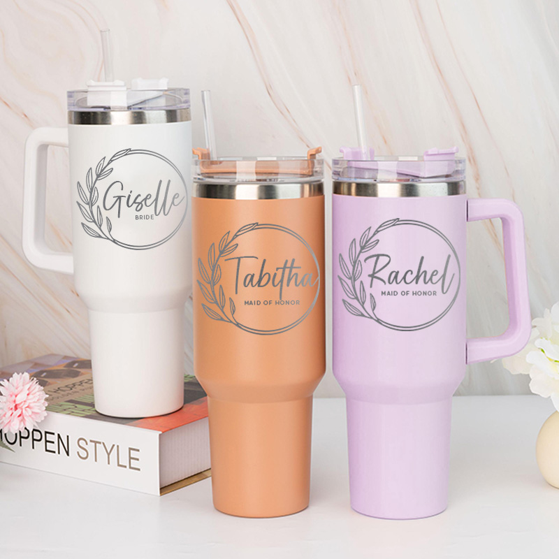 Personalized Bridesmaid Round Wreath 40oz Tumbler Maid of Honor Tumbler with Lid and Straw Bride Bachelorette Party Gift Bridal Shower Tumbler