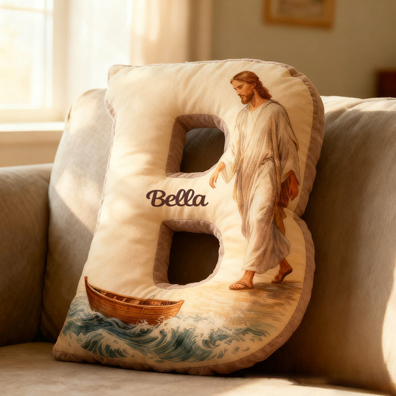 Personalized Jesus Walks on Water Letter Pillow with Custom Name Religious Home Decor Christian Gift Faith Prayer Gift Graphic 3D Print Pillow 