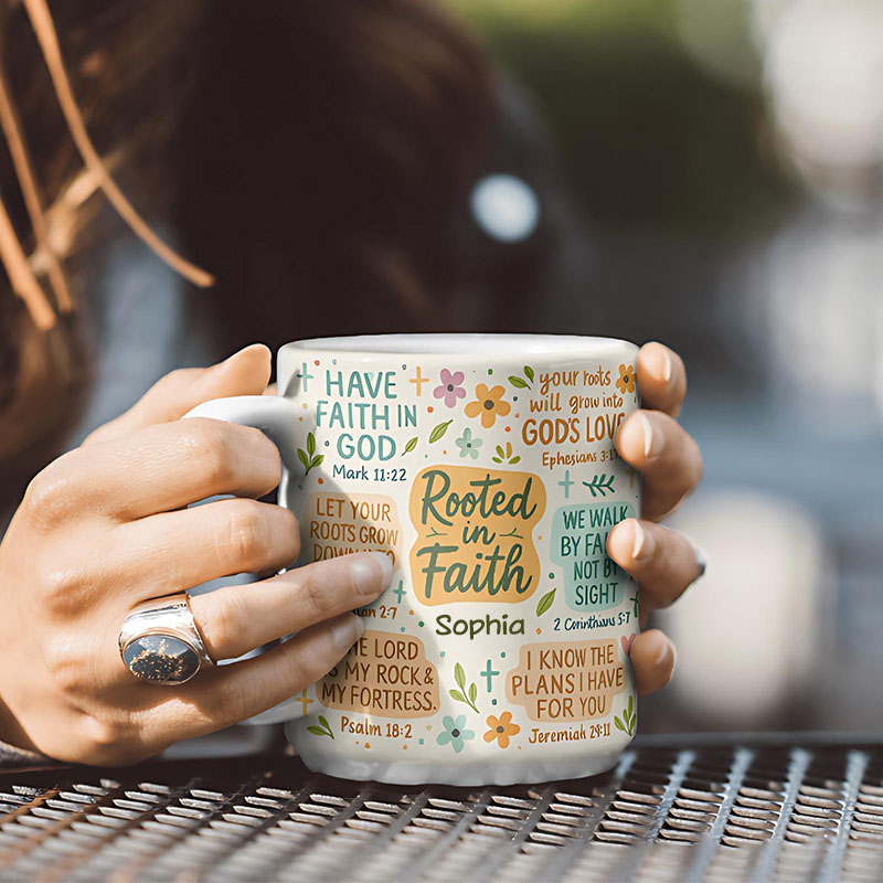 Personalized Rooted in Faith Bible Verse Ceramic Mug with Name Jesus Encouragement Coffee Mug Religious Christian Gift