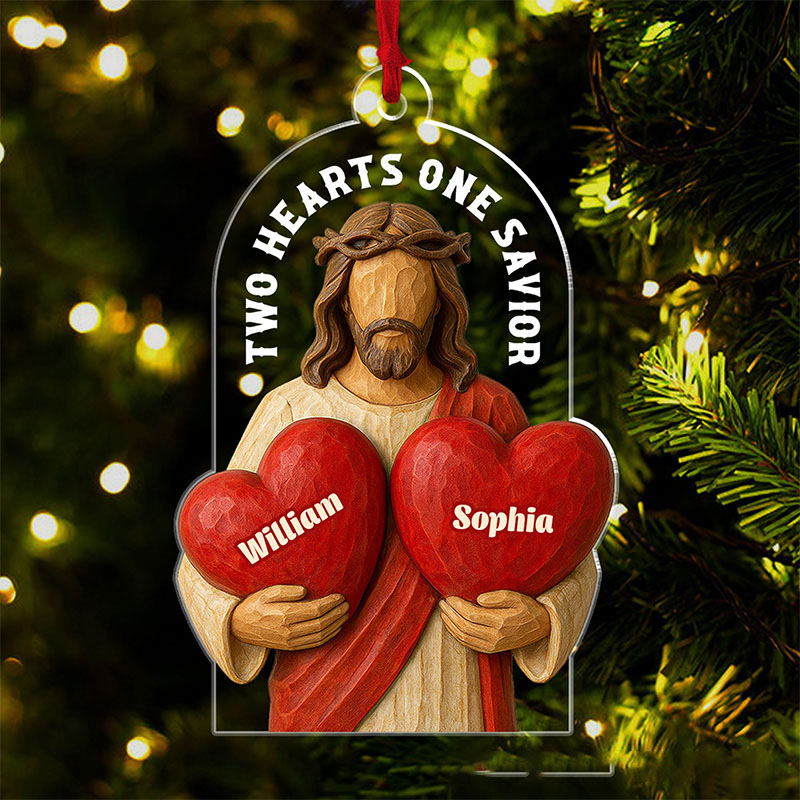 Personalized Two Hearts One Savior Acrylic Christmas Ornament with Custom Name Religious Gift Christmas Tree Decor Christian Gift for Couple