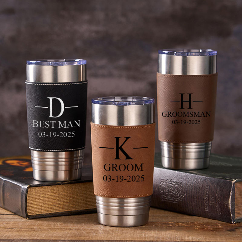 Personalized Wedding Party Tumbler Men’s 20oz Leather Tumbler Custom Groomsmen Gift Tumbler Groom Gift Best Man Bachelor Party Coffee Mugs