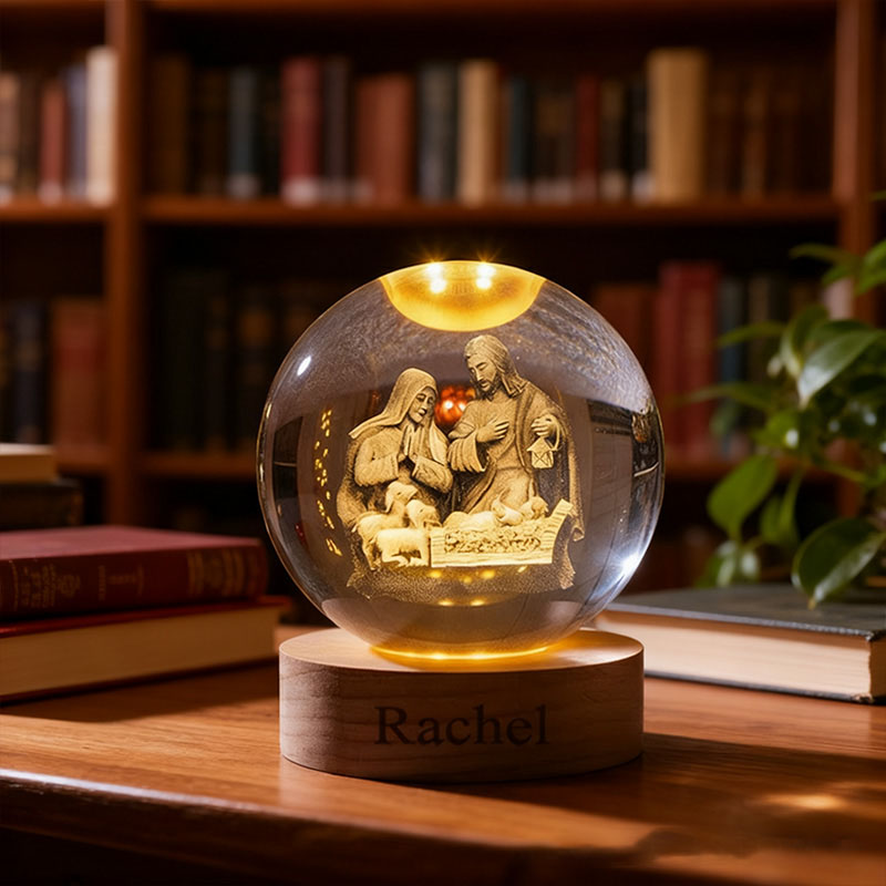 Personalized Nativity Scene 3D Spherical Crystal Lamp With Custom Text Religious Gift Christmas Gift Faith Gift