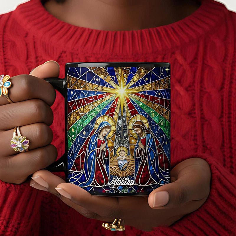Personalized Stained Glass Nativity Scene Ceramic Mug with Name Religious Gift Christmas Gift for Women and Men