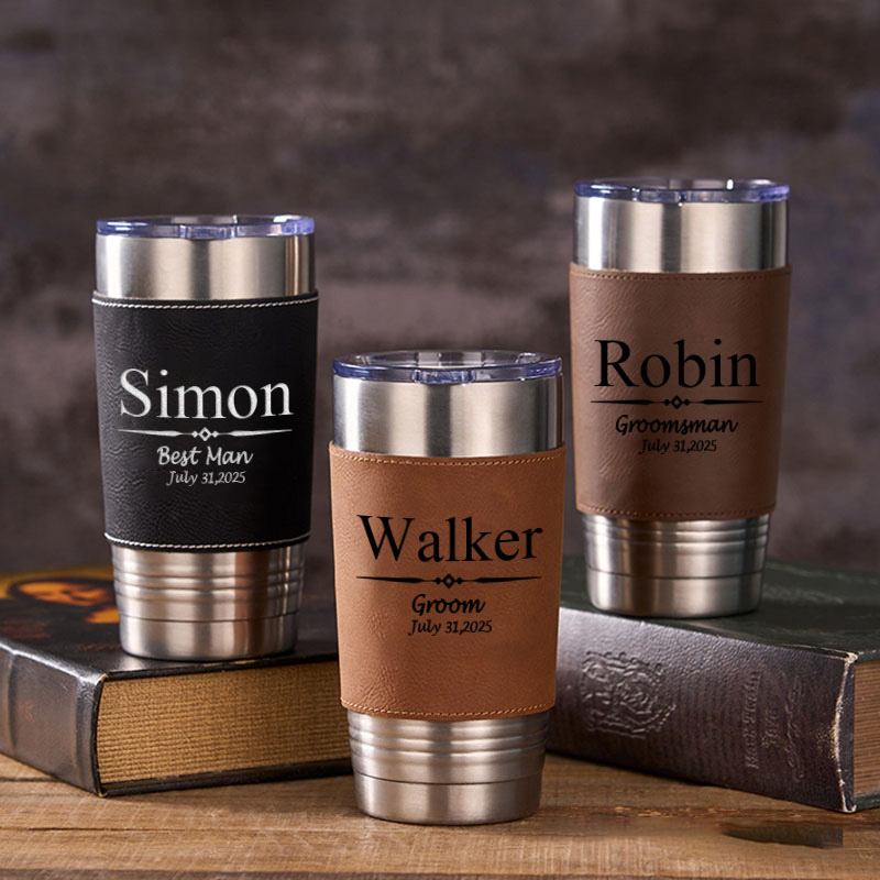 Personalized 20oz Leather Tumbler Engraved Groomsmen Gift Tumblers Groom Gift Tumbler with Sleeve Best Man Bachelor Party Coffee Mugs