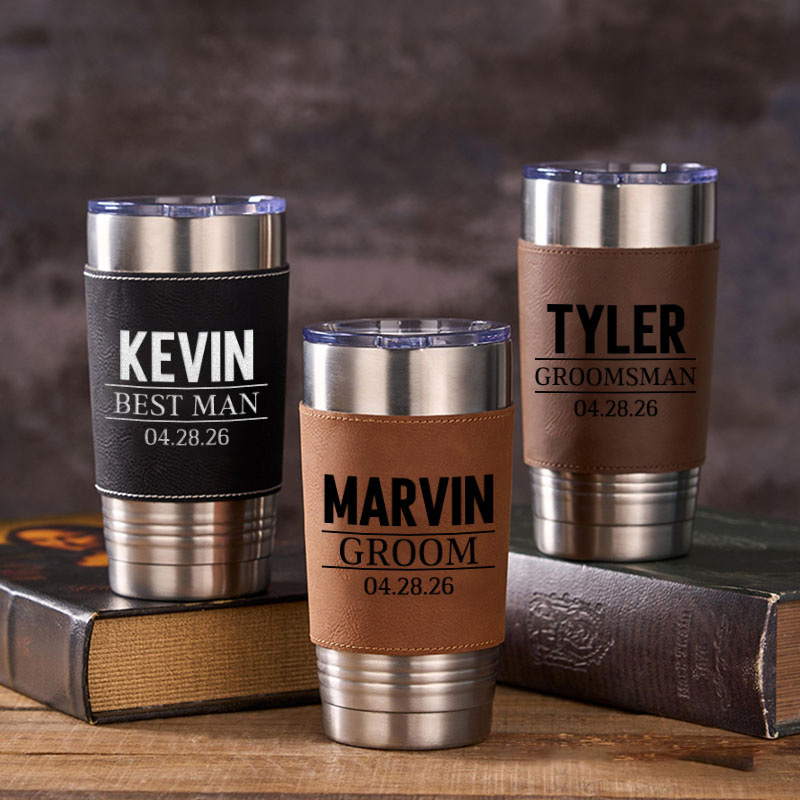 Personalized Groomsmen Gifts 20oz Leather Tumbler Engraved Leather Sleeve Coffee Mug for Groom Best Man Gift Bachelor Party Gift Tumbler