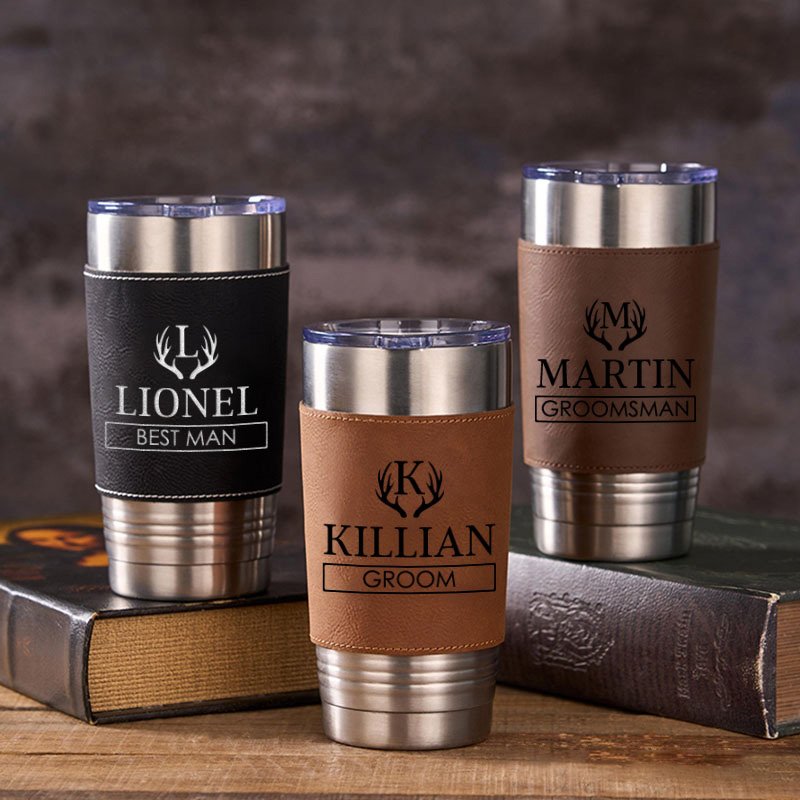Personalized 20oz Tumbler Groomsmen Gift Tumbler for Bachelor Party Antler Design Tumbler with Leather Sleeve Best Man Gift Groom Gift Wedding Favors Tumbler 