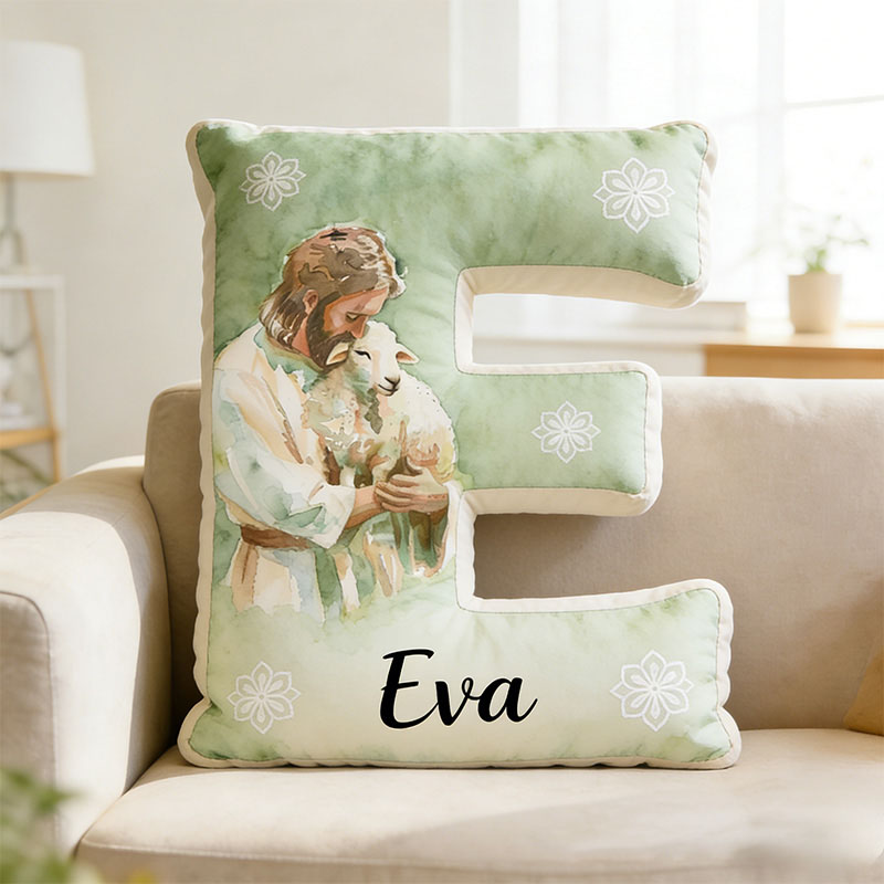 Personalized Jesus and Lamb Green Letter Pillow with Custom Name Religious Home Decor the Lost Sheep Graphic 3D Print Pillow Faith Gift