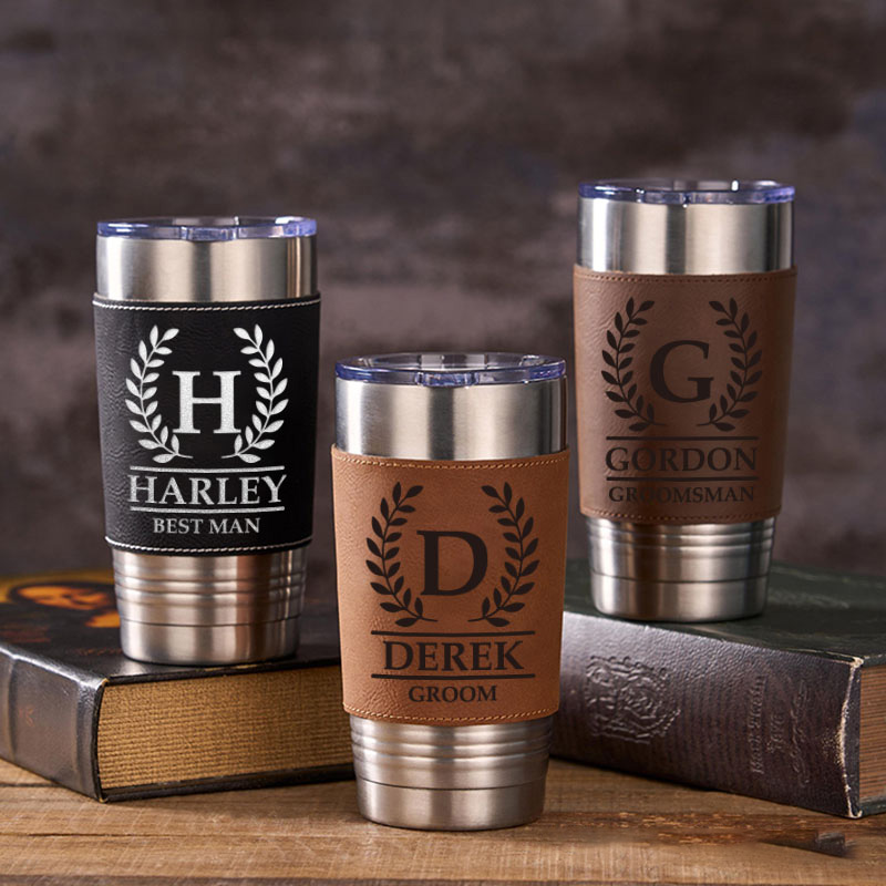 Personalized Engraved Groomsmen Tumbler 20oz Groomsman Tumbler with Leather Sleeve Men’s Coffee Mug for Groom Best Man Wedding Party Gift Tumbler