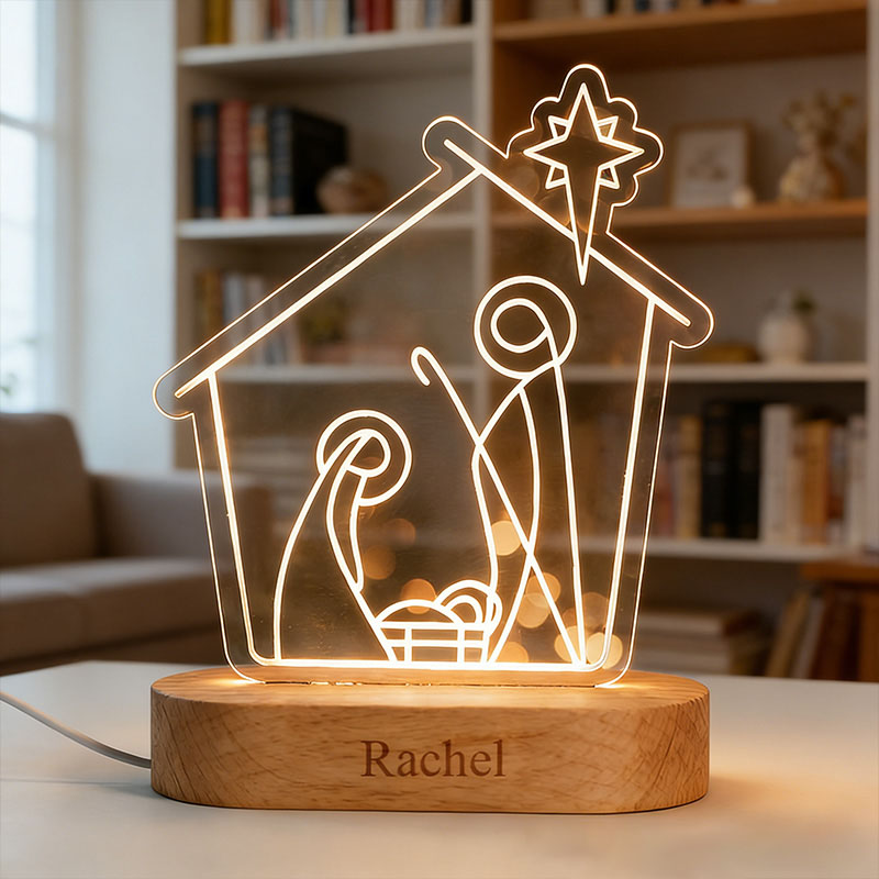 Personalized Nativity Scene LED Night Light with Name Wooden Base Home Decor Religious Gift Christmas Gift for Kid